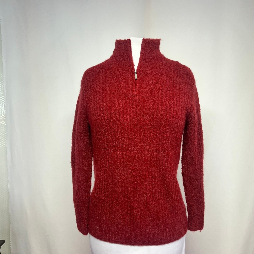 LL Bean Red Wool Blend Bouclé Half Zip Sweater Pullover Cozy Winter Women's M